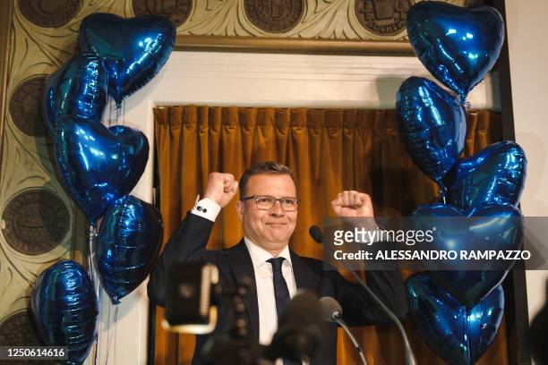 The National Coalition Chairman Petteri Orpo speaks to supporters at the party's parliamentary election party, following the Finnish parliamentary...