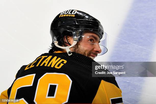 Kris Letang of the Pittsburgh Penguins looks on during warm ups prior to his 1,000th career game at PPG PAINTS Arena on April 2, 2023 in Pittsburgh,...