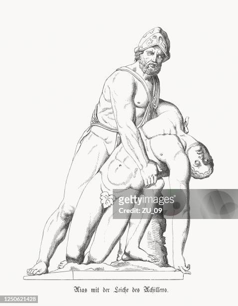 ajax carrying the body of achilles, wood engraving, published 1868 - achilles stock illustrations