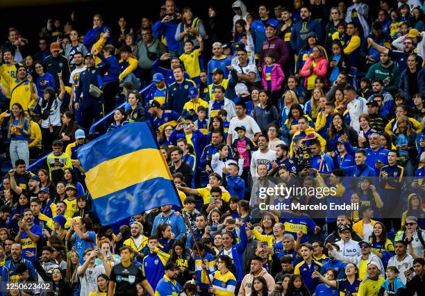 Fans of Boca Juniors cheer for their team during a match between Boca Juniors and River Plate as part of the Argentina Women's First Division League...