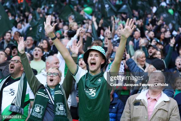 Plymouth fans during the Papa John's Trophy Final between Bolton Wanderers and Plymouth Argyle at Wembley Stadium on April 2, 2023 in London, England.