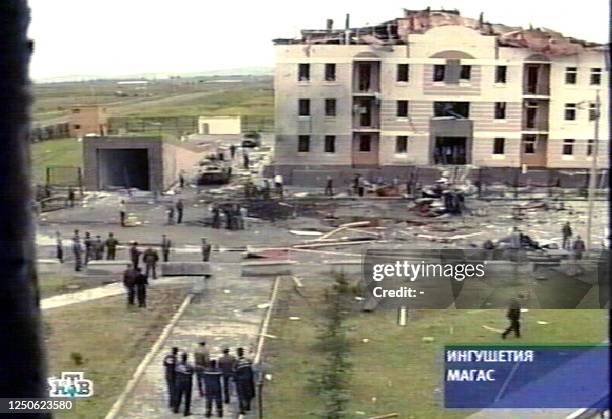 Russian NTV channel grab shows 15 September 2003 the site of a bomb attack that destroyed the regional headquarters of Russia's security service, the...