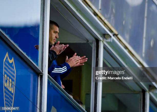 Vice President of Boca Juniors Roman Riquelme greets players after winning the match between Boca Juniors and River Plate as part of the Argentina...