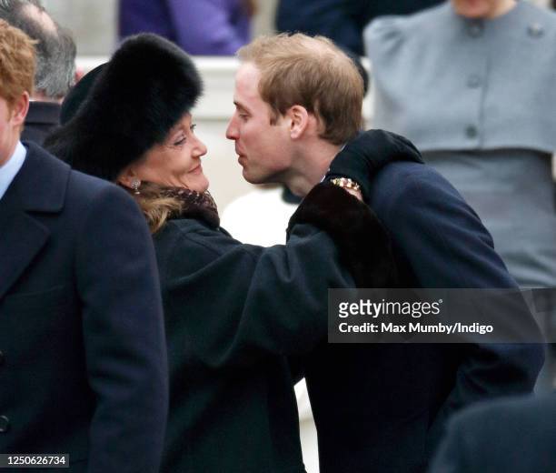 Leonora Anson, Countess of Lichfield greets Prince William as they attend the unveiling of a new statue of Queen Elizabeth, The Queen Mother on...