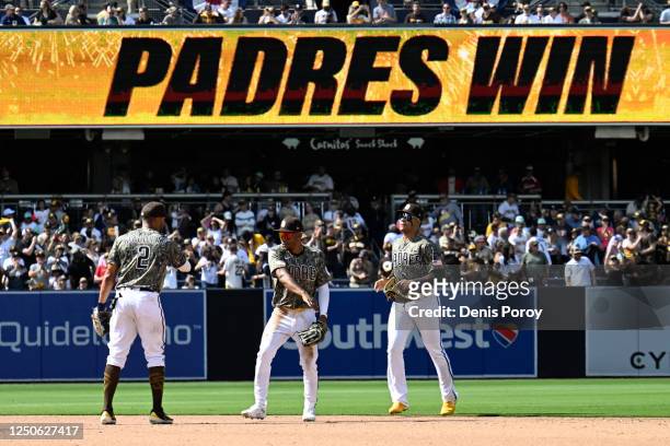 San Diego Padres players celebrate after beating the Colorado Rockies 3-1 in a baseball game on April 2, 2023 at Petco Park in San Diego, California.