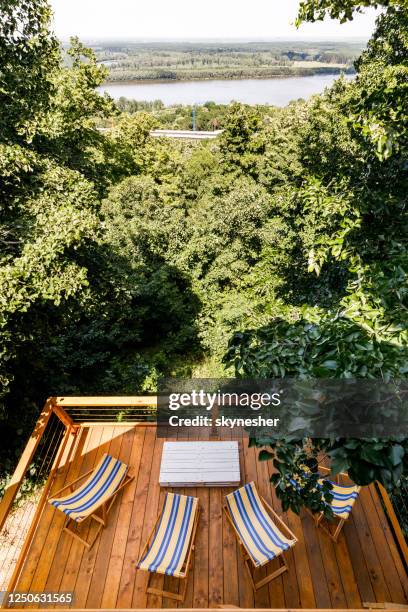 above view of beautiful terrace among trees in nature. - wood deck top view stock pictures, royalty-free photos & images