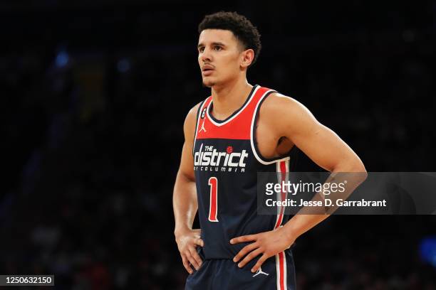 Johnny Davis of the Washington Wizards looks on during the game against the New York Knicks on April 2, 2023 at Madison Square Garden in New York...