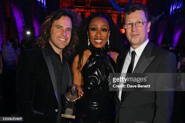 James O'Keefe, Beverley Knight and Craig Logan attend The Olivier Awards 2023 after party at the Natural History Museum on April 2, 2023 in London,...