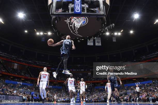 Markelle Fultz of the Orlando Magic dunks the ball during the game against the Detroit Pistons on April 2, 2023 at Amway Center in Orlando, Florida....