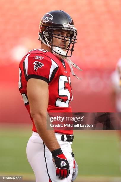 Matt Stewart of the Atlanta Falcons looks on before a NFL football game against the Washington Redskins on September 3, 2004 at FedEx Field in...