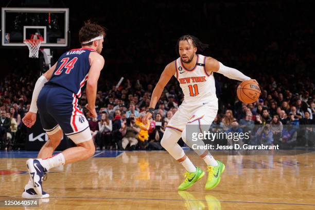 Jalen Brunson of the New York Knicks dribbles the ball during the game against the Washington Wizards on April 2, 2023 at Madison Square Garden in...