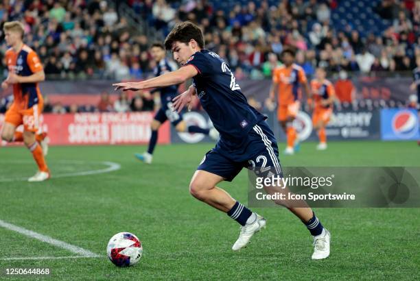 New England Revolution midfielder Jack Panayotou sets up a cross during a match between the New England Revolution and New York City FC on April 1 at...