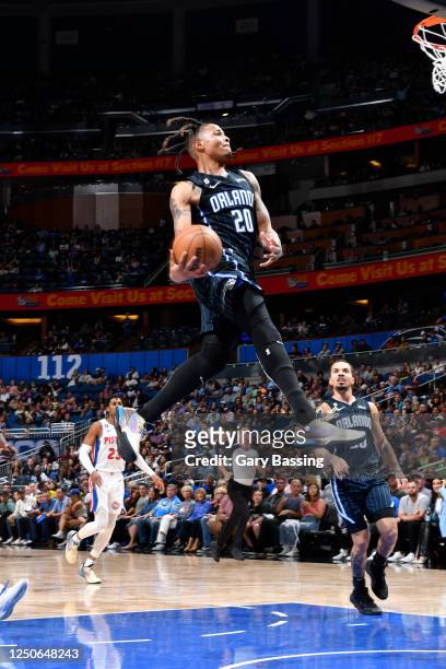 Markelle Fultz of the Orlando Magic dunks the ball during the game against the Detroit Pistons on April 2, 2023 at Amway Center in Orlando, Florida....