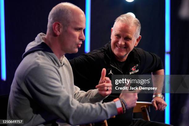 Head coach Dan Hurley of the Connecticut Huskies, left, and head coach Brian Dutcher of the San Diego State Aztecs talk during a Final Four Media Day...