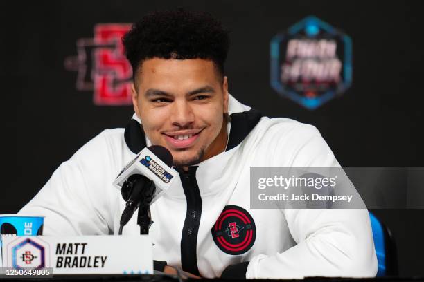 Matt Bradley of the San Diego State Aztecs talks during a news conference for Final Four Media Day at NRG Stadium on April 2, 2023 in Houston, Texas.