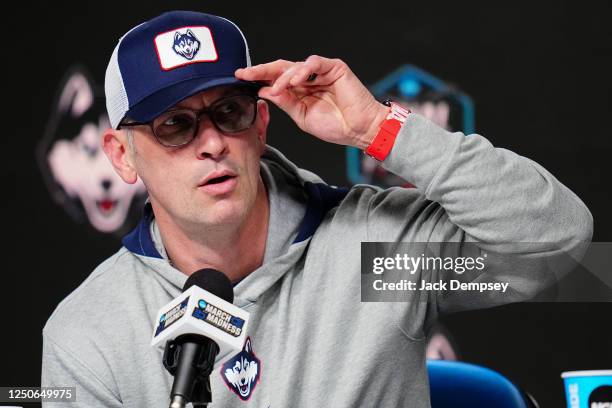 Head coach Dan Hurley of the Connecticut Huskies talks during a Final Four Media Day news conference at NRG Stadium on April 2, 2023 in Houston,...