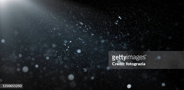 dust particles, sparkles and light rays over black background - dust dark fotografías e imágenes de stock