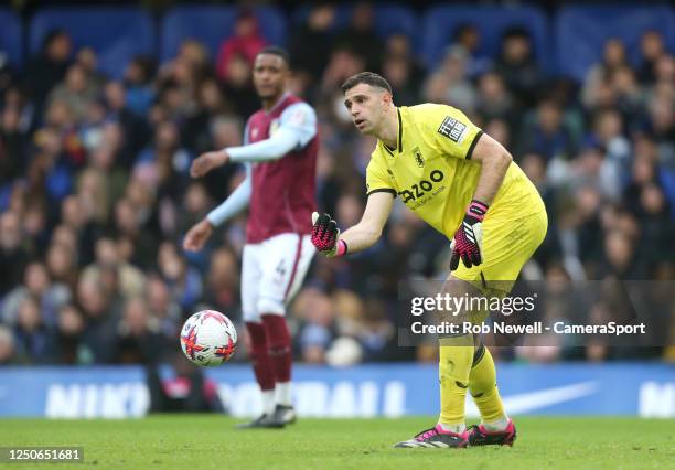 Aston Villa's Emiliano Martinez during the Premier League match between Chelsea FC and Aston Villa at Stamford Bridge on April 1, 2023 in London,...