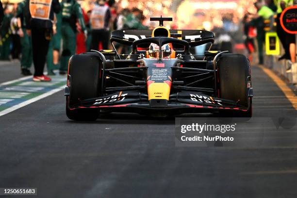 Max Verstappen of the Netherlands drives the Red Bull Racing through pit lane following the 2023 Formula 1 Australian Grand Prix at Albert Park in...