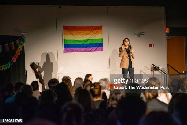 Presidential Candidate, Marianne Williamson gives a speech during a drag show and story hour held at East Tennessee State University in Johnson City,...