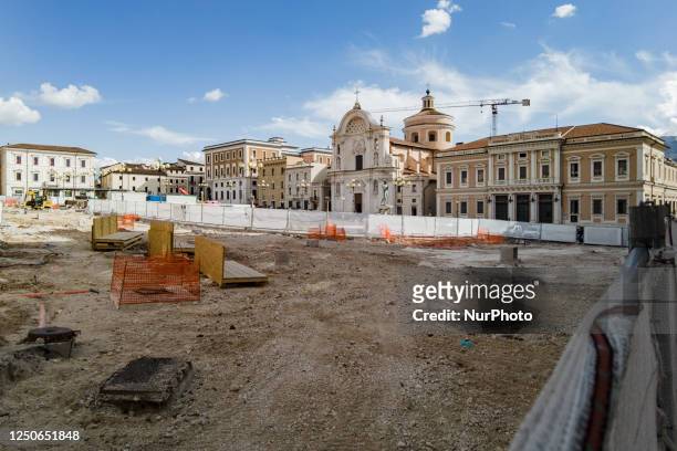 Building site is seen in Piazza Duomo square in L'Aquila, Abruzzo, Italy on april 1st, 2023. A new restyling project funded by European funds will...
