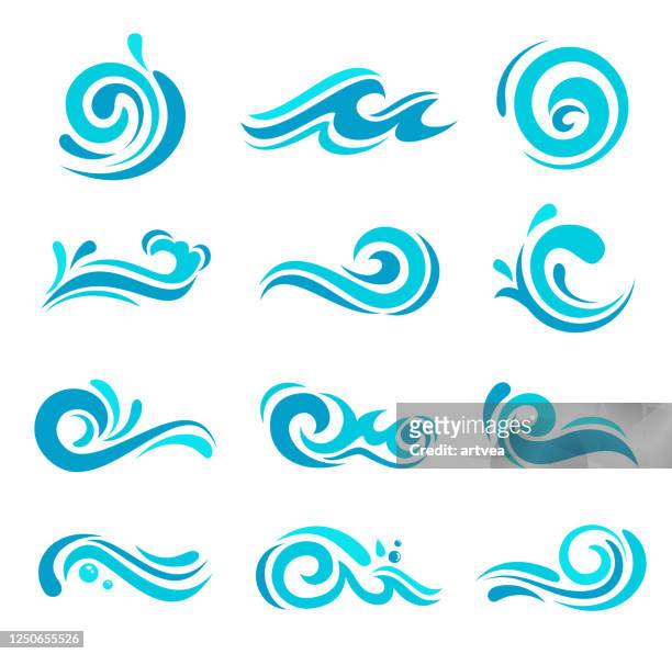 ilustraciones, imágenes clip art, dibujos animados e iconos de stock de conjunto de ondas azules - ola