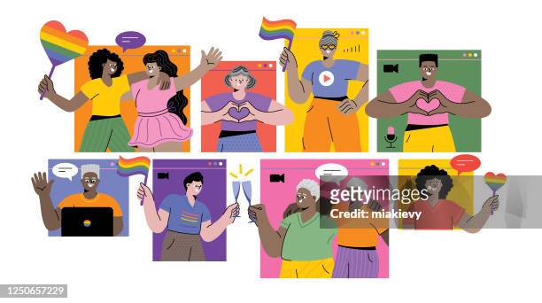illustrazioni stock, clip art, cartoni animati e icone di tendenza di celebrare il mese del pride online - allegro