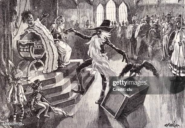 wizard enchants the king - castle interior stock illustrations