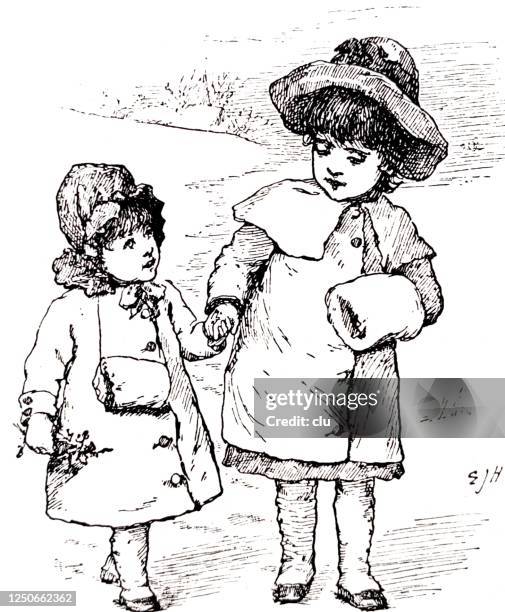 two girls with arm warmers walk holding hands on the street - holding hands close up stock illustrations