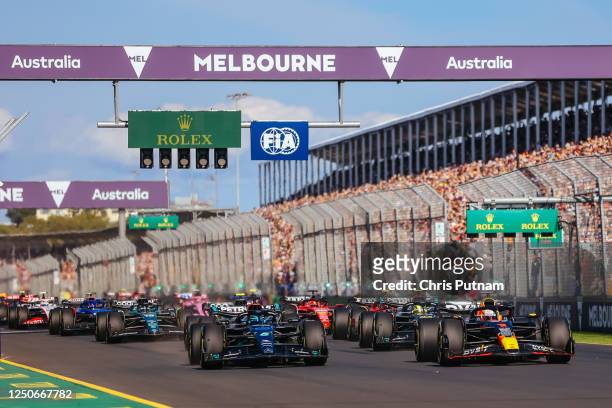 Max Verstappen of the Netherlands leads on race start at the 2023 Australian Formula 1 Grand Prix on 2nd April 2023