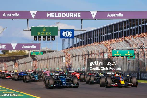 Max Verstappen of the Netherlands leads on race start at the 2023 Australian Formula 1 Grand Prix on 2nd April 2023