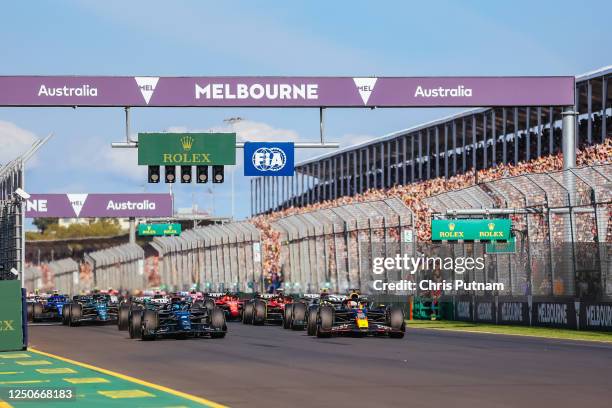 Max Verstappen of the Netherlands leads on race start at the 2023 Australian Formula 1 Grand Prix on 2nd April 2023