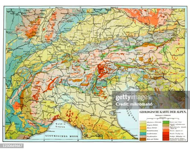 old map of geological of the alps - geology map stock pictures, royalty-free photos & images