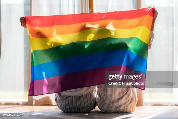 asian couple gay celebrating pride lgbtqi at home on their own, with their partner with roommates and covering body by rainbow flag. asian homosexsual man celebrating together with pride flag in home. - regenbogenfahne stock-fotos und bilder