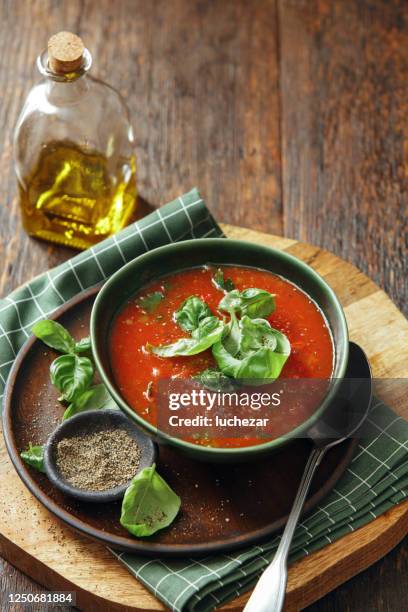 homemade vegan creamy roasted tomato basil soup - gazpacho stock pictures, royalty-free photos & images