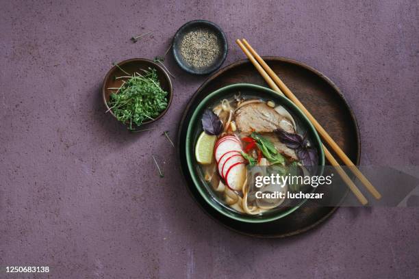 sopa auténtica de fideos pho beef. comida tradicional vietnamita - vietnamese food fotografías e imágenes de stock