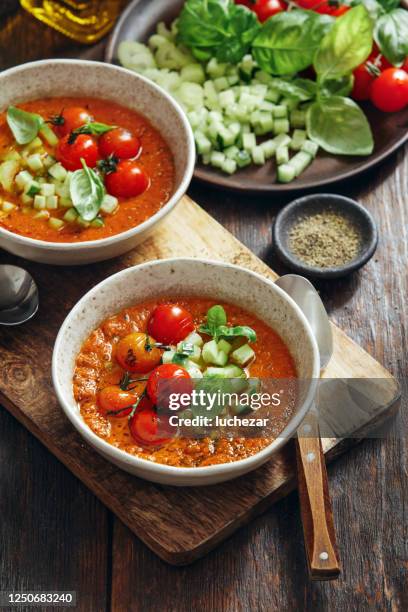 authentic gazpacho. spanish cold tomato soup - gazpacho stock pictures, royalty-free photos & images