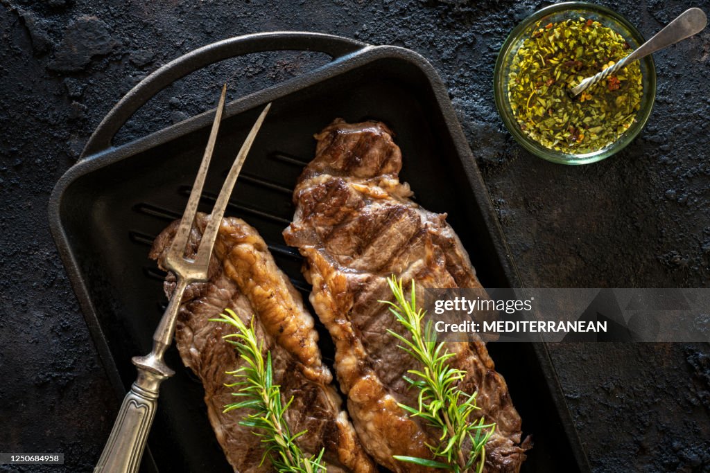New York Strip Steak also Boneless Top Loin steak grilled on grill pan