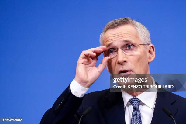 Secretary General Jens Stoltenberg speaks during a press conference to present the next North Atlantic Council Ministers of Foreign Affairs meeting...