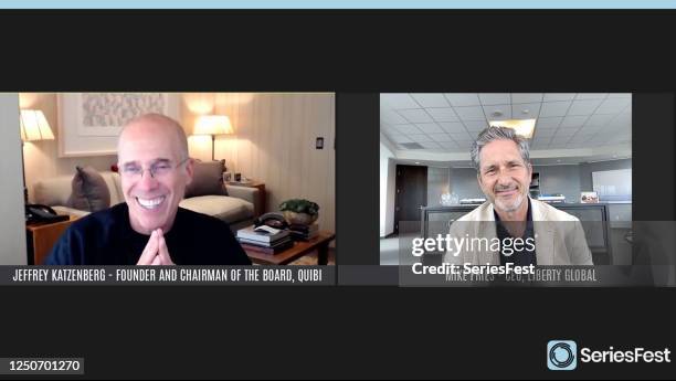 Pictured in this screengrab, Panelists, Founder and Chairman of the Board, Quibi, Jeffrey Katzenberg and CEO, Liberty Global, Mike Fries speak during...