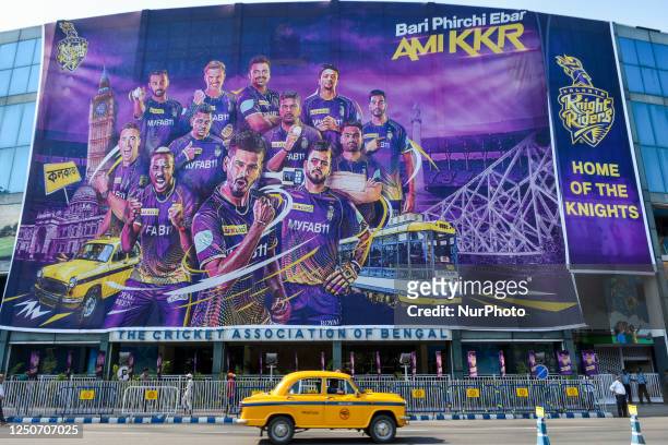 Eden gardens cricket stadium is seen decked in official colors of Kolkata Knight Riders as the team prepares to play their first home match of IPL...