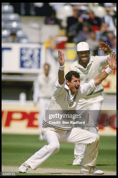 Sir Richard Hadlee of New Zealand appeals for a wicket in his last test match for New Zealand against England at Edgbaston. Mandatory Credit: Ben...