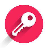 White Key icon isolated with long shadow. Red circle button. Vector Illustration