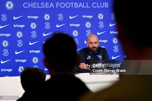 Interim Head Coach Bruno Saltor of Chelsea during a press conference at Chelsea Training Ground on April 3, 2023 in Cobham, England.