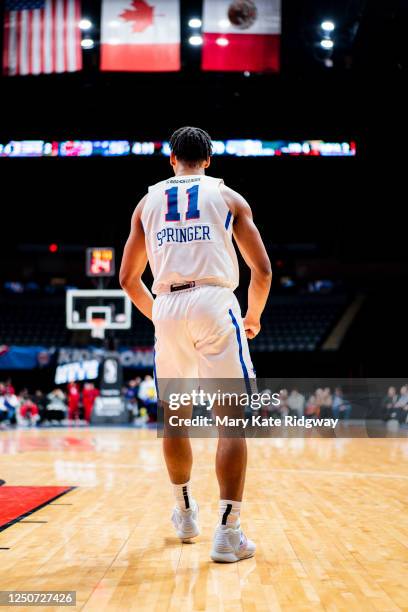 Jaden Springer of the Delaware Blue Coats celebrates during the 2023 NBA G League Eastern Conference Finals on April 2, 2023 at Nassau Coliseum in...