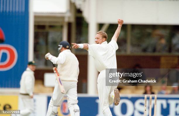 South African bowler Allan Donald takes the wicket of England batsman Mike Atherton during the 1st Test between England and South Africa at...