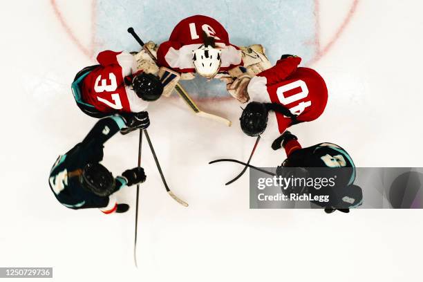 woman ice hockey team on the ice - ice rink overhead stock pictures, royalty-free photos & images