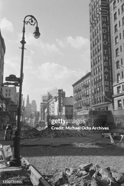 Roadworks to widen Broadway outside the CBS Radio Theatre at W 54th Street, New York City, 1950.