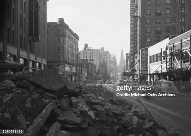 Roadworks to widen Broadway outside the CBS Radio Theatre and Hotel Bryant at W 54th Street, New York City, 1950.