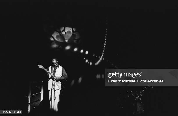 American blues guitarist and singer Albert King with his Gibson Flying V during a concert at Fillmore East, New York City, 25th June 1971.